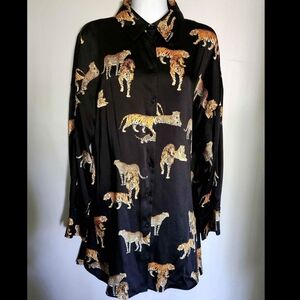 Zara Black Tiger Print Animal Oversized Women's Shirt Size Large L Flowy Flirty